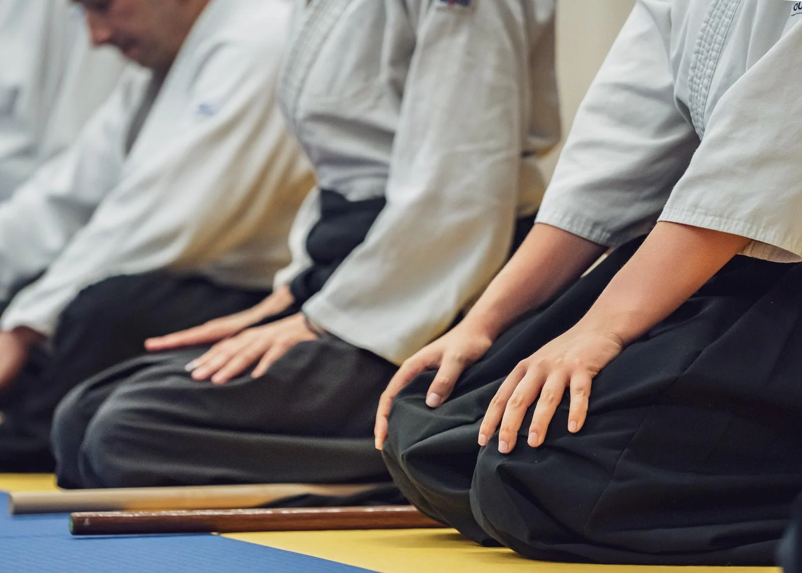 Pratiquants assis en seiza sur le tatami à Dardilly, mains posées sur les genoux, avant le début du cours d'aïkido